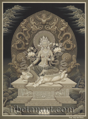 B/W Green Tara Enthroned